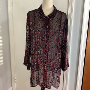 VINTAGE BOB MACKIE WEARABLE ART SZ LARGE BLOUSE TUNIC BURNOUT VELVET BUTTERFLY